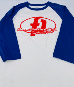 Baseball Style FP Shirt with 3/4L Blue Sleeves and Red Logo
